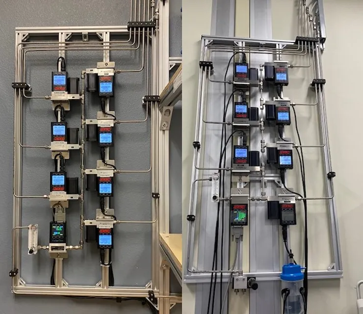Eight mass flow controllers in a gas mixing system plumbed for division