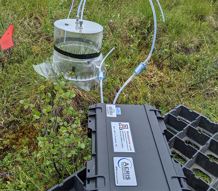 A flux chamber sitting on grass measuring ground surface exchange of carbonyl sulfide
